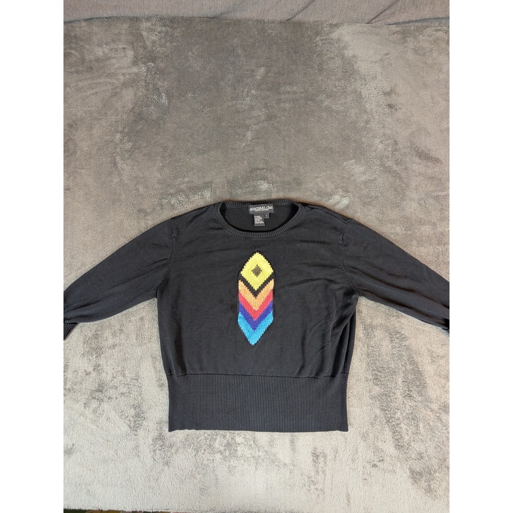 Silk & Cotton Lightweight Sweater LG Knit Chevron Crocheted Rainbow Pride Black - Picture 3 of 14
